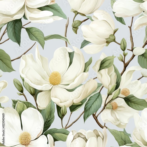 Seamless pattern with elegant white magnolia flowers and green leaves on a light background  perfect for wallpapers and fabrics.