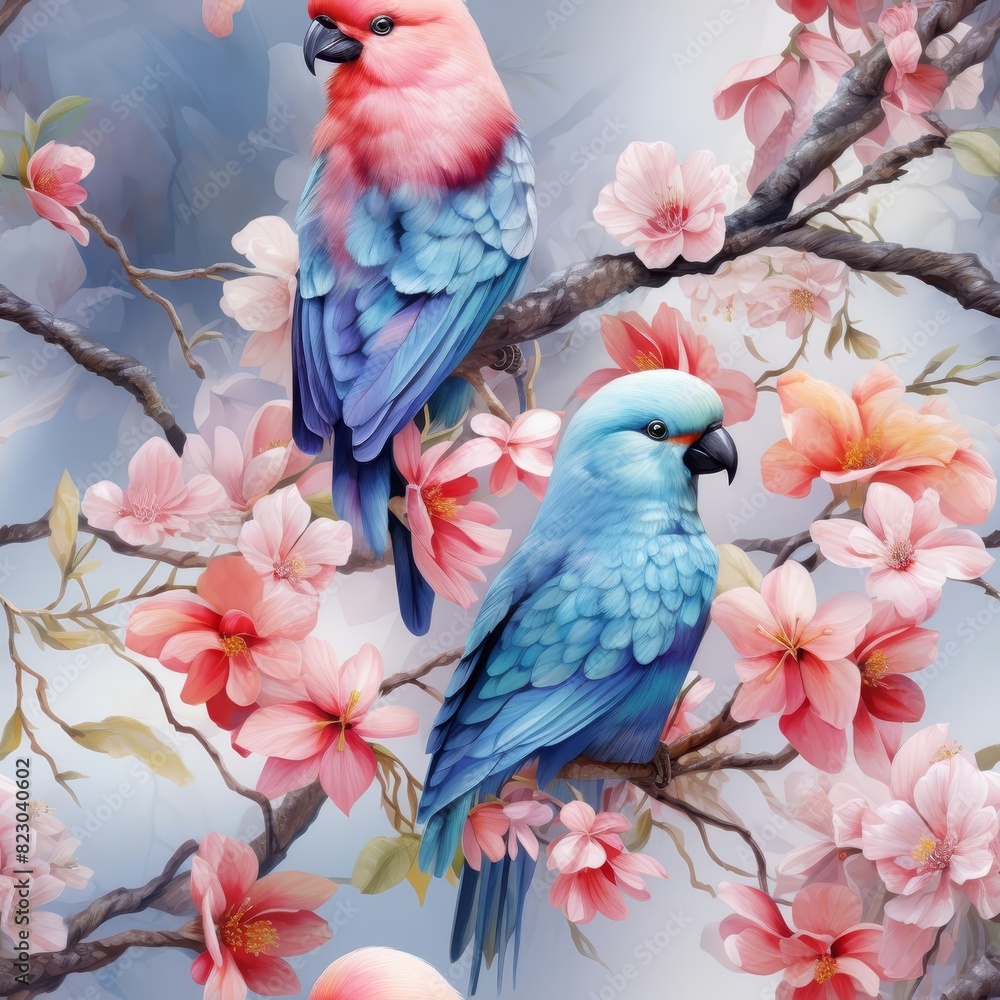 Fototapeta premium Vibrant parakeets with colorful feathers perched on blooming cherry blossoms in a picturesque nature scene.