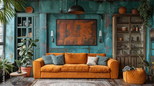 A stylish vintage living room with a vibrant orange sofa and an antique world map on the wall #823040811
