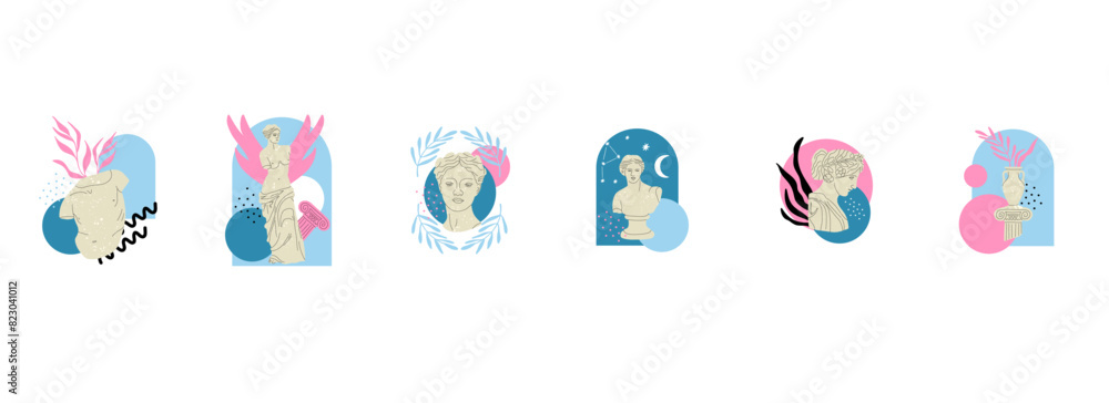Greek statue. Antique marble roman sculpture, Hand drawn gods and goddesses body parts and faces, Classic statues, man woman column and vase, olive branch, contemporary vector isolated illustration Greek statue. Antique marble roman sculpture, Hand drawn gods and goddesses body parts and faces, Classic statues, man woman column and vase, olive branch, contemporary vector isolated illustration