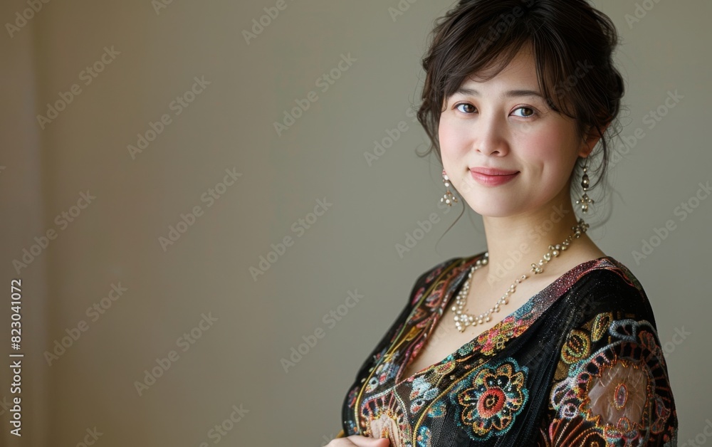 A middle-aged person in a vibrant dress poses for a photo in Central Asia A middle-aged person in a vibrant dress poses for a photo in Central Asia