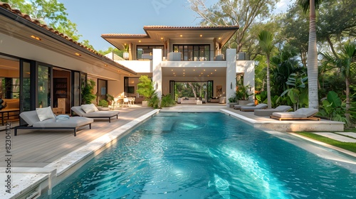 Luxurious modern villa with a swimming pool  surrounded by lush greenery and comfortable lounging areas