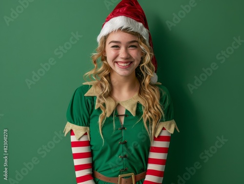 smiling female elf in christmas costume