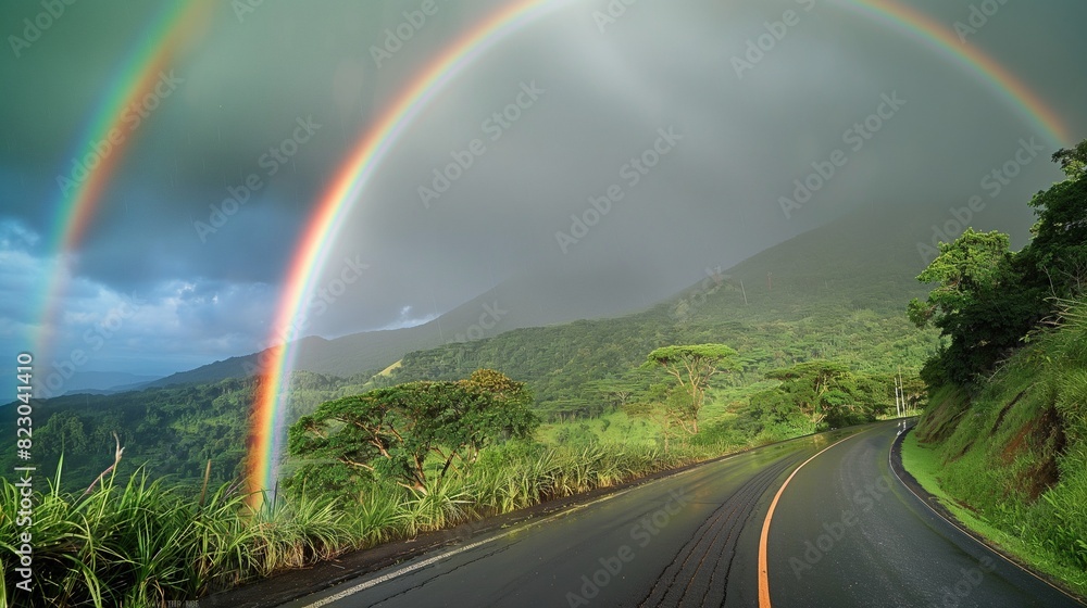 A mountain road with a perfect double rainbow arching over it after a passing rainstorm, with lush greenery on both sides. 32k, full ultra hd, high resolution