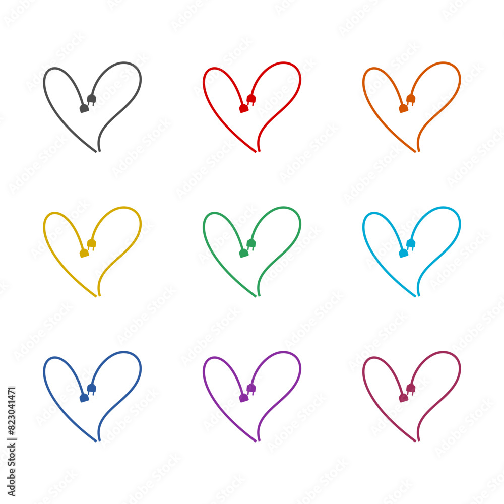 Heart with electric plug icon isolated on white background. Set icons colorful Heart with electric plug icon isolated on white background. Set icons colorful