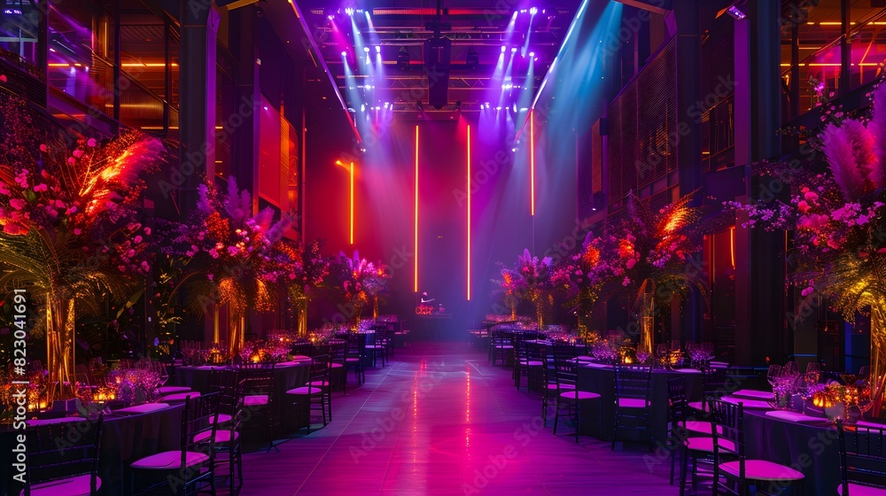 Elegant event hall decorated with flowers and vibrant neon lighting for a modern celebration experience 