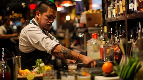 Bartender Managing Bar Inventory: Before the evening rush, a bartender checks the bar's inventory, ensuring there's enough liquor, mixers, and garnishes for the night ahead photo