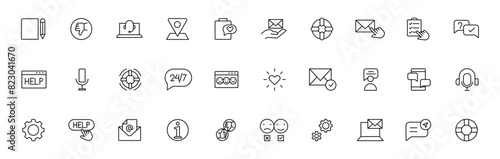 Customer service icon set. Containing customer satisfied, assistance, experience, feedback, operator and technical support icons. Thin outline icons pack.