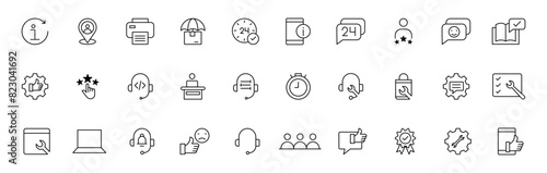 Customer service icon set. Containing customer satisfied, assistance, experience, feedback, operator and technical support icons. Thin outline icons pack.