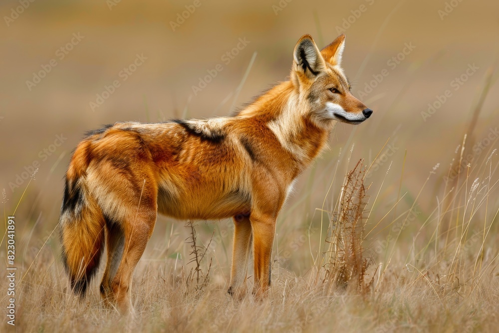Majestic red fox standing in tall grass field