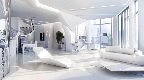 Modern minimalist interior design of a spacious white living room with large windows allowing plenty of natural light to accentuate the sleek furniture and decor details. 