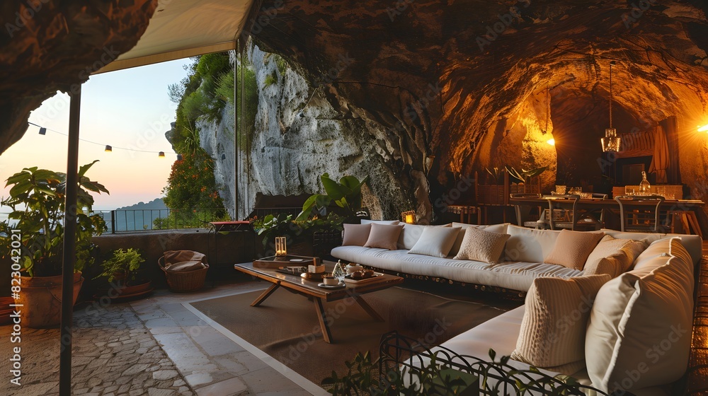 Luxurious cave-style lounge area with comfortable seating and panoramic view at dusk Luxurious cave-style lounge area with comfortable seating and panoramic view at dusk