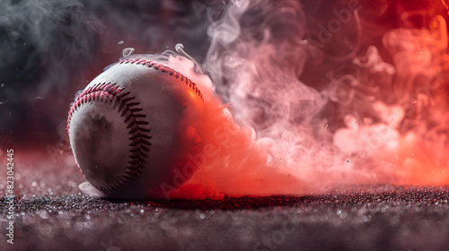 Baseball on black ground with white smoke coming off, Generative AI