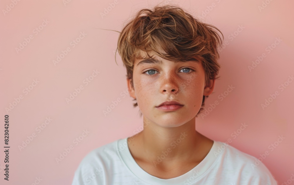 Close-up of a genderfluid teenager of Slavic descent wearing a white shirt Close-up of a genderfluid teenager of Slavic descent wearing a white shirt