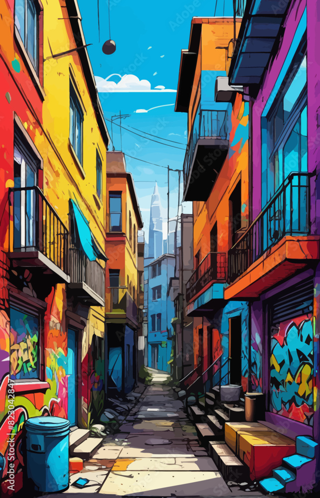 Naklejka premium a painting of a city street with colorful buildings