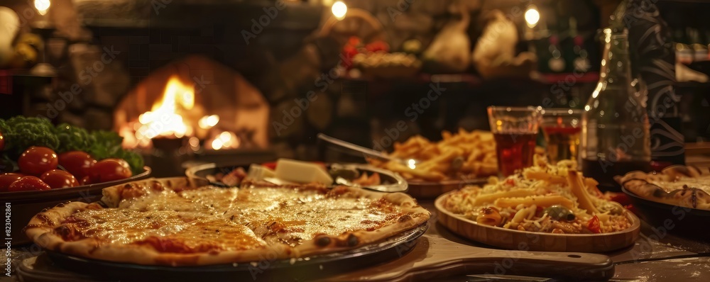 Cozy rustic dining scene featuring delicious pizzas, fresh vegetables, and drinks by a warm fireplace, creating a perfect night ambiance.