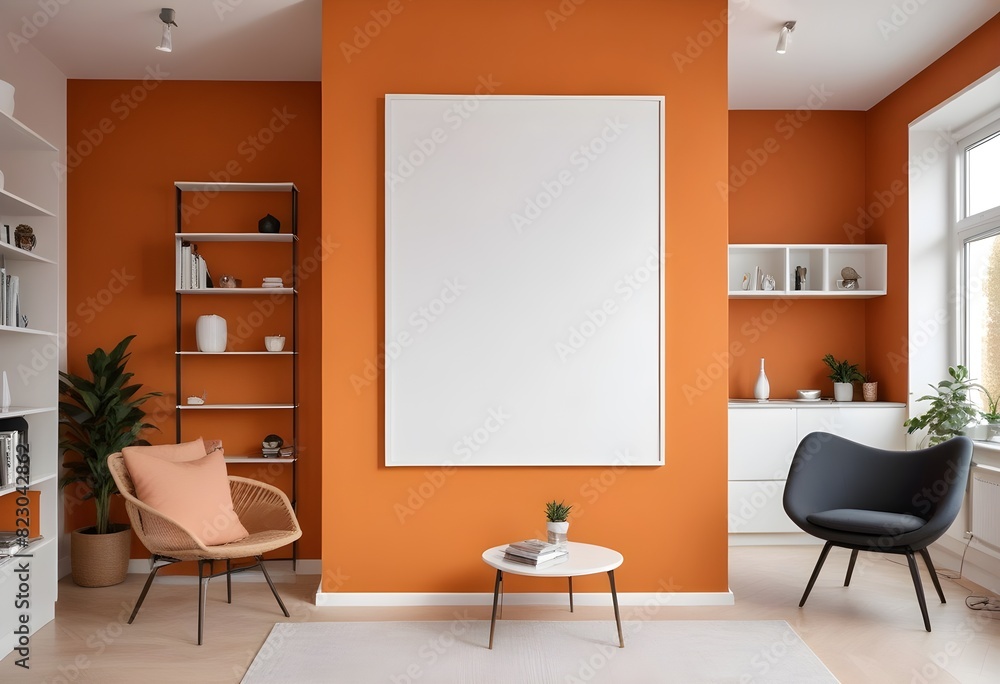 Modern cafe interior with tables, natural light, chairs, and a large blank poster on an orange wall, a concept of advertising space. 3D Rendering Modern cafe interior with tables, natural light, chairs, and a large blank poster on an orange wall, a concept of advertising space. 3D Rendering