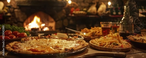 Cozy rustic dining scene featuring delicious pizzas  fresh vegetables  and drinks by a warm fireplace  creating a perfect night ambiance.