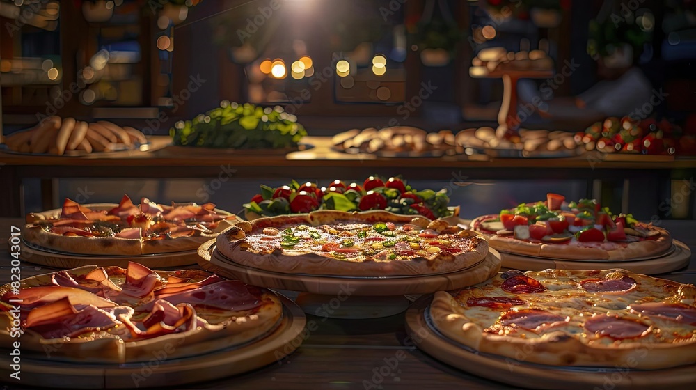 A variety of delicious pizzas topped with fresh ingredients are displayed on wooden platters in a cozy, warmly lit restaurant setting. A variety of delicious pizzas topped with fresh ingredients are displayed on wooden platters in a cozy, warmly lit restaurant setting.