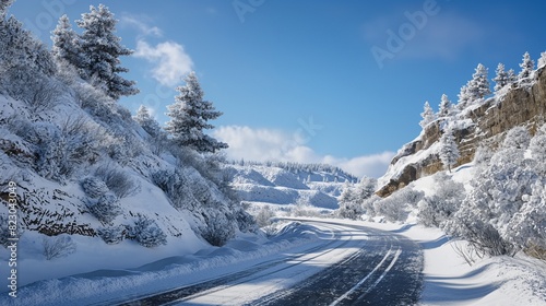 A narrow mountain road meandering through a snowy landscape, with snow-covered pine trees and a clear blue sky overhead. 32k, full ultra hd, high resolution
