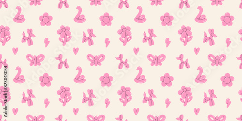 Balloon animals pattern seamless. inflatable flower and butterfly. Colorful glossy rubber toy. Birthday party festive y2k decor textile, wrapping paper, wallpaper design, print for fabric vector