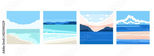Ocean abstract poster. Sea landscape set, contemporary art print template, Nature backgrounds for social media. Minimal style vacation backdrop, summer seaside beach. Vector flat trendy illustration