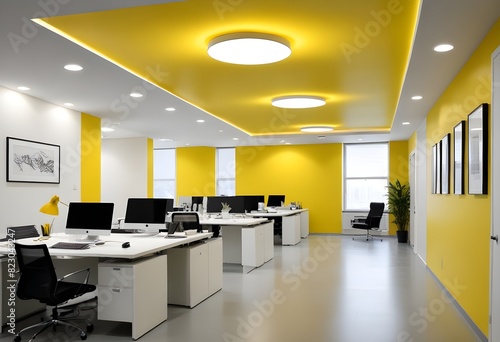 Yellow office with a yellow wall and a black monitor