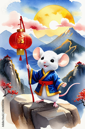 a painting of a mouse holding a chinese lantern