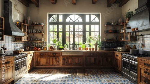 A spacious kitchen with wooden cabinets  a large window  and decorative tiles bathed in natural light. 