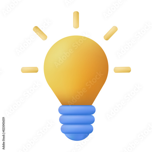 3d light bulb. Cartoon plastic icon. Idea creative business brainstorm symbol, glowing lightbulb. Vector isolated illustration