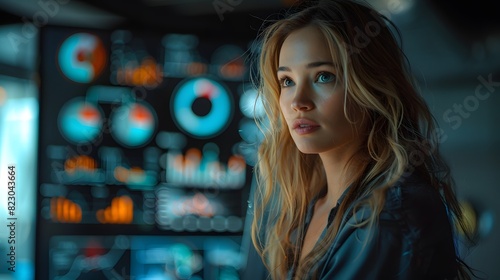 A woman with blonde hair gazes intently at futuristic digital screens with colorful data visualizations. 