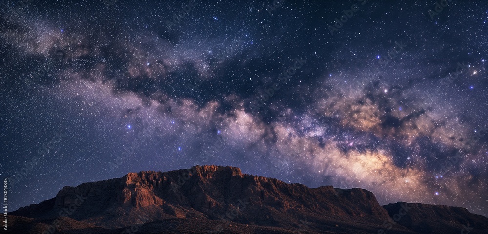 A night sky filled with stars above a mountain range, with the Milky Way clearly visible and casting a faint glow on the rugged terrain. 32k, full ultra hd, high resolution