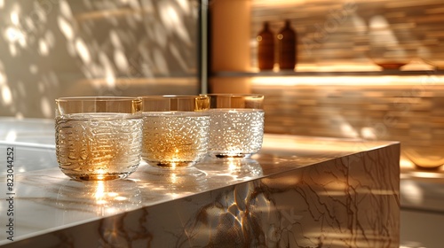 Elegant glassware with golden rims bathed in warm sunlight on a modern marble countertop creates a luxurious home decor ambiance. 