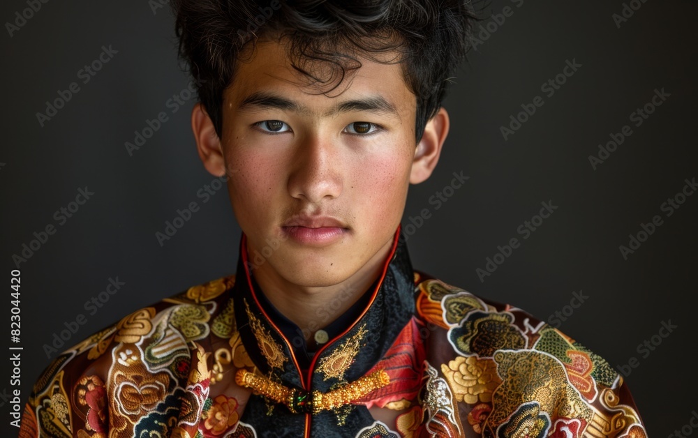 A young man of Southeast Asian descent wearing a vibrant shirt and tie A young man of Southeast Asian descent wearing a vibrant shirt and tie