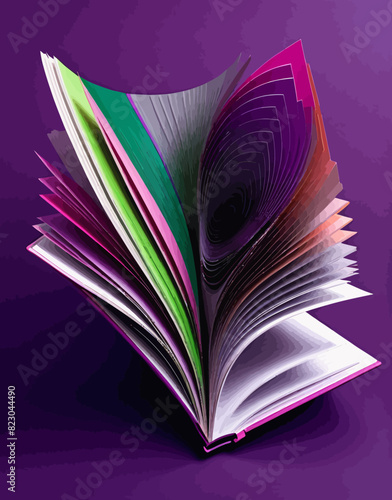 an open book with colorful pages on a purple background