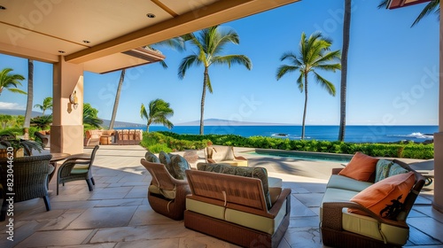 Luxurious tropical patio with comfortable seating and ocean view pictured under a clear blue sky. 