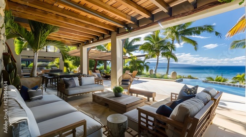 Luxurious beachfront patio with elegant furniture and stunning ocean view under a clear blue sky.