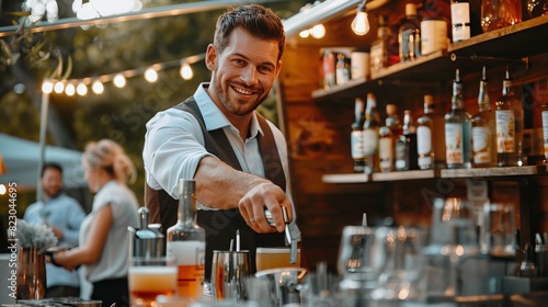 Bartender Working at a Private Event: At a private event, a bartender sets up a portable bar, serving a variety of beverages to guests and maintaining a lively atmosphere throughout the evening 
