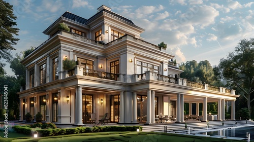 Luxurious mansion exterior at dusk with illuminated windows and a lush garden setting 
