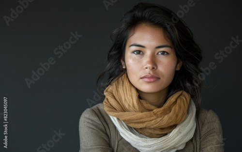 An adult Inuit woman with a genderqueer expression wearing a scarf around her neck