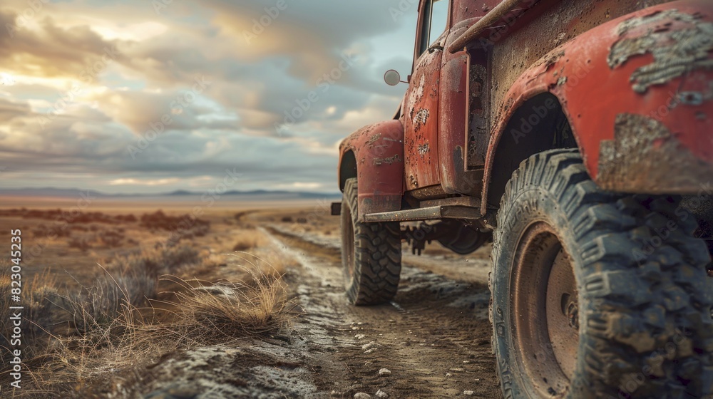 Closeup of a rugged truck on a dusty road Closeup of a rugged truck on a dusty road