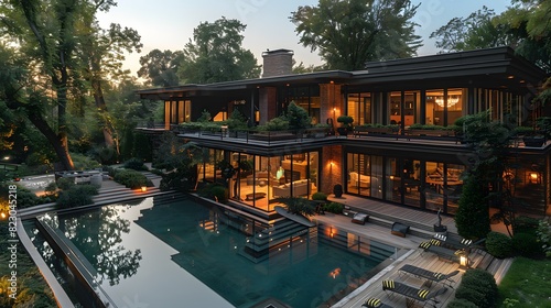 Luxurious modern house with illuminated interiors, large windows, and an outdoor swimming pool at twilight 