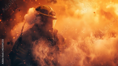 A firefighter is standing in a cloud of smoke photo