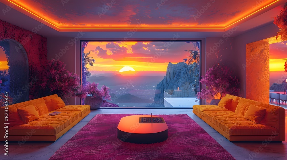 Luxurious modern living room with panoramic sunset view and vibrant ...