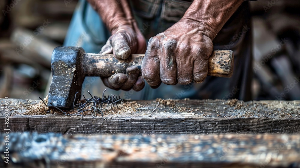 A man is working on a piece of wood with a hammer and nails A man is working on a piece of wood with a hammer and nails