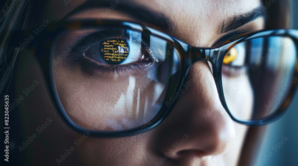 A woman with a pair of glasses that have a yellow dot in the center A woman with a pair of glasses that have a yellow dot in the center