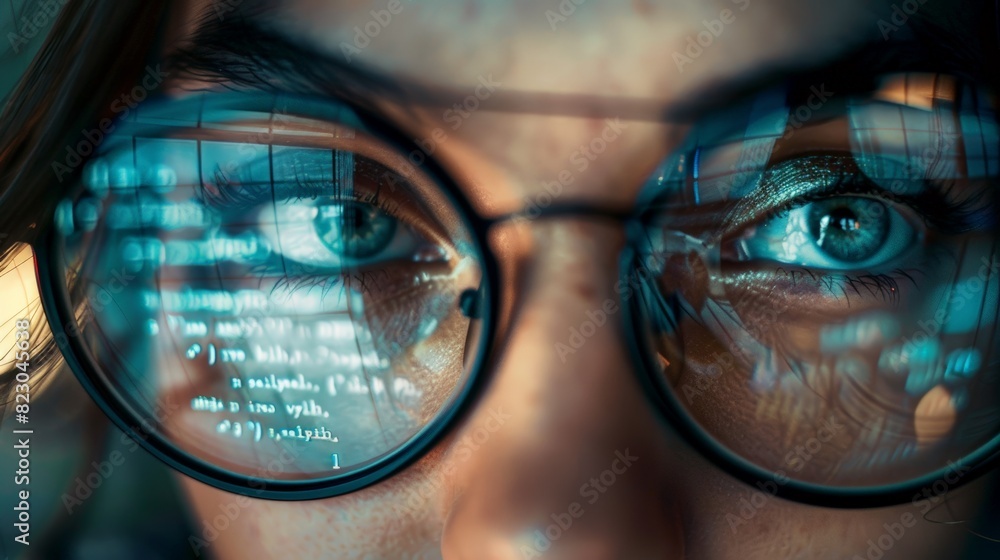 A woman's eyes are reflected in a pair of glasses A woman's eyes are reflected in a pair of glasses