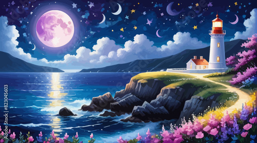 a painting of a lighthouse by the ocean