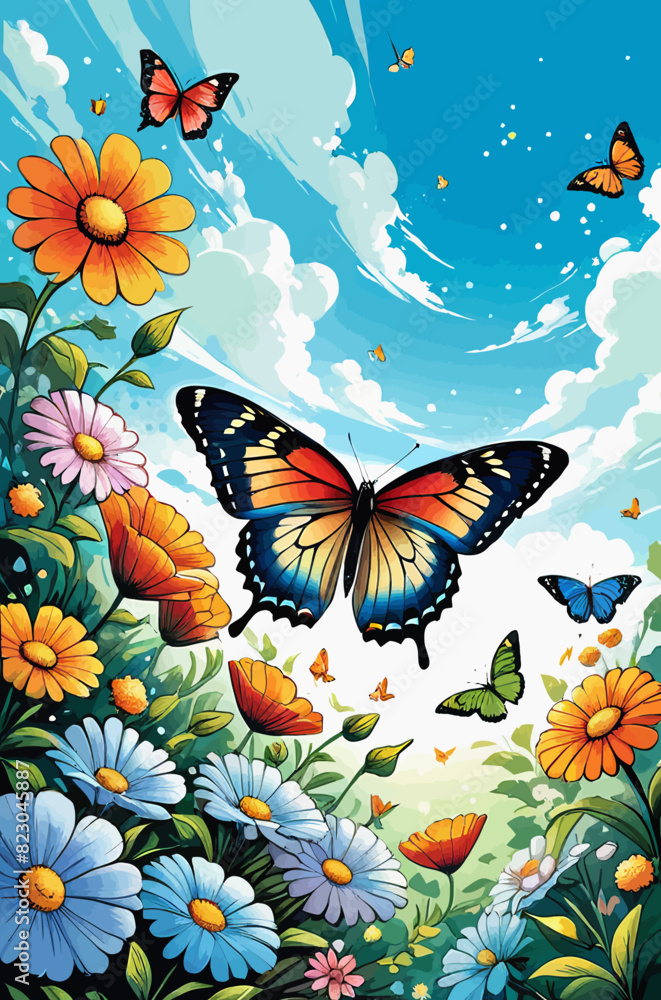 a painting of a butterfly in a field of flowers a painting of a butterfly in a field of flowers