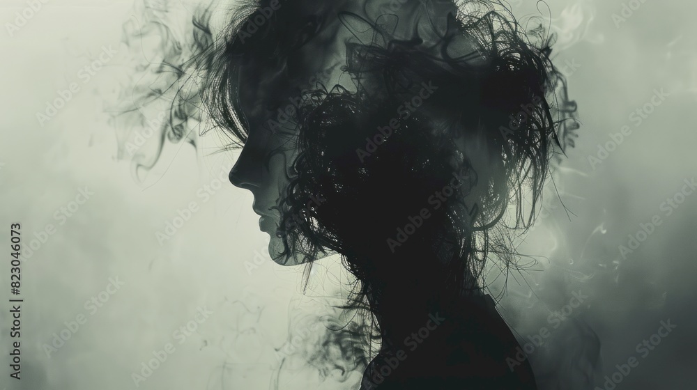 Completely haunted look, close up, focus on, copy space, eerie shadows, double exposure silhouette with ghostly figure Completely haunted look, close up, focus on, copy space, eerie shadows, double exposure silhouette with ghostly figure